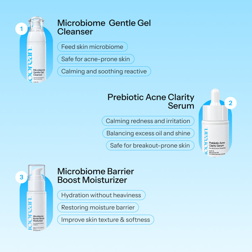 Three skincare products from the brand Oorari are shown on a light blue gradient background with descriptive text labels.