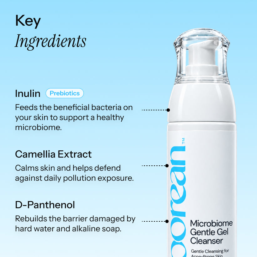 A white pump bottle of Noorean Microbiome Gentle Gel Cleanser on a light blue gradient background, with text callouts explaining key ingredients: inulin, camellia extract, and D-Panthenol.