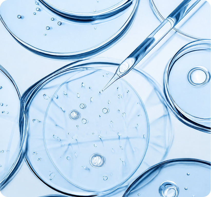 A close-up abstract scientific scene with clear petri dishes and a glass pipette on a light blue background.