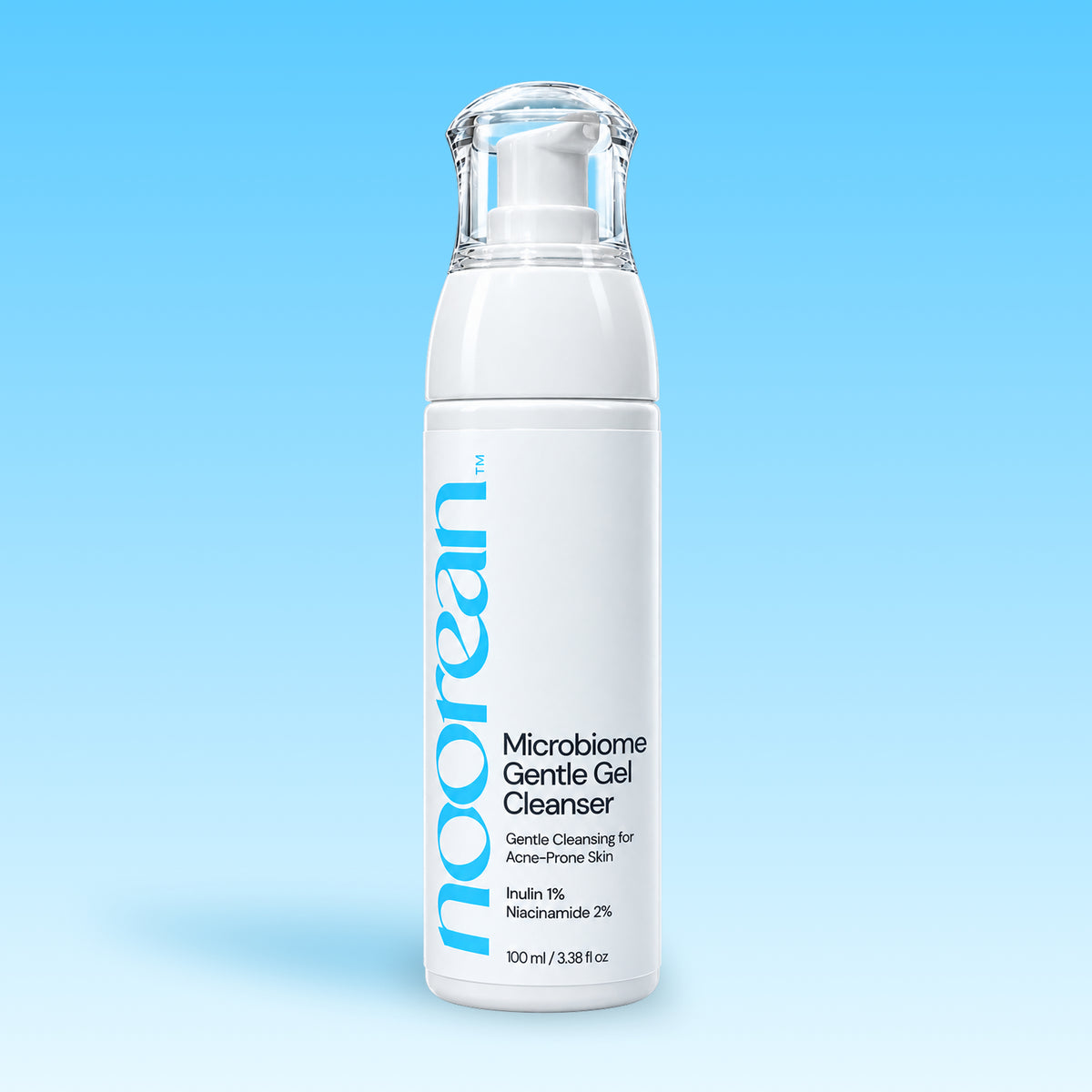 Noorean Microbiome Gentle Gel Cleanser bottle on blue gradient background