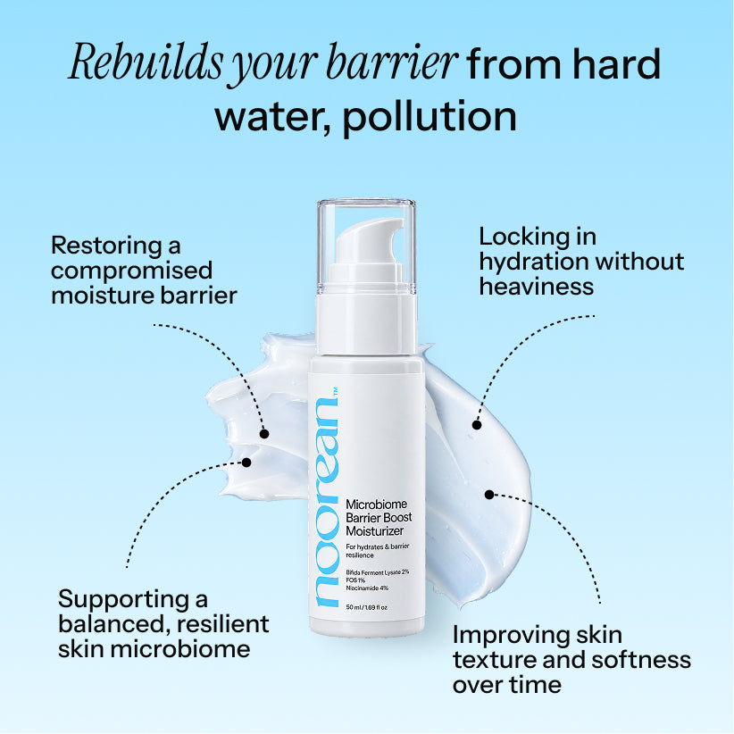 Noorean moisturizer benefit graphic — barrier repair for hard water and pollution