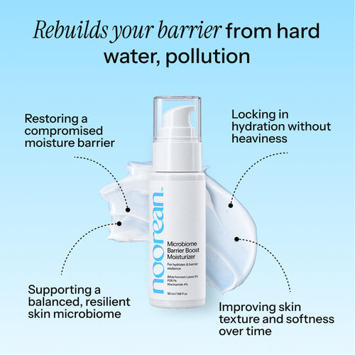 Noorean moisturizer benefit graphic — barrier repair for hard water and pollution