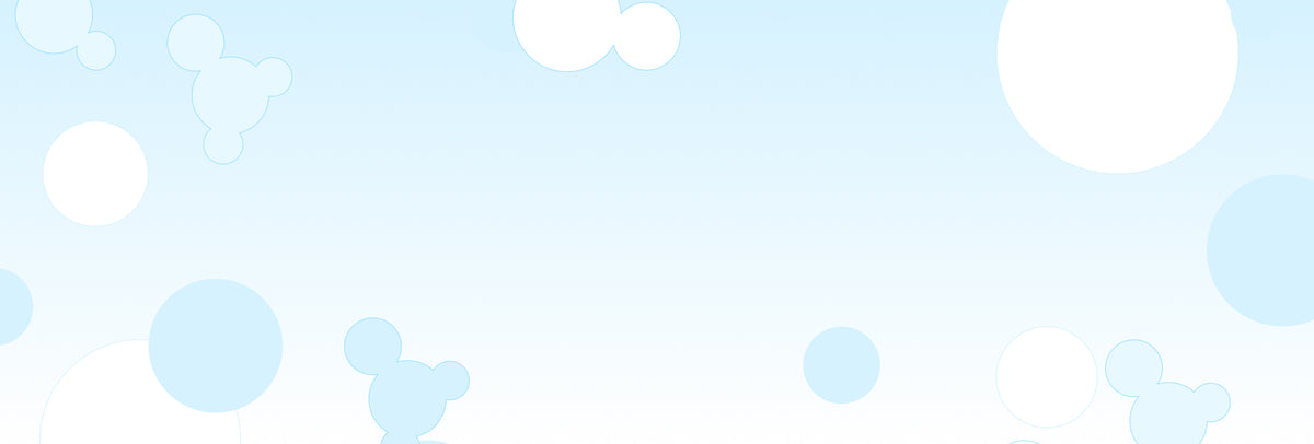 A light blue and white bokeh background with soft circular shapes and faint cartoon-style mouse head silhouettes.