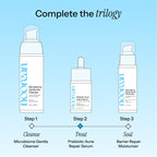 A skincare trio set on a light blue gradient background with the headline 'Complete the trilogy.' Three white Noorean products are shown side by side labeled Step 1, Step 2, and Step 3: Microbiome Gentle Cleanser, Prebiotic Acne Repair Serum, and Microbiome Barrier Repair Moisturizer, with cleanse, treat, and seal text below.