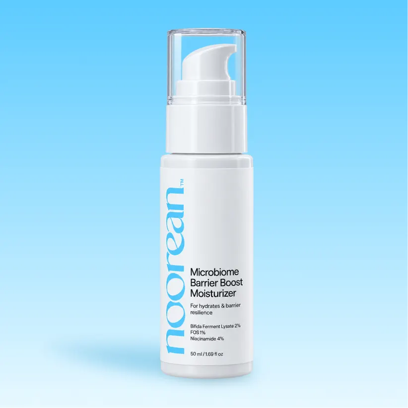 Noorean microbiome barrier boost moisturizer bottle on gradient background