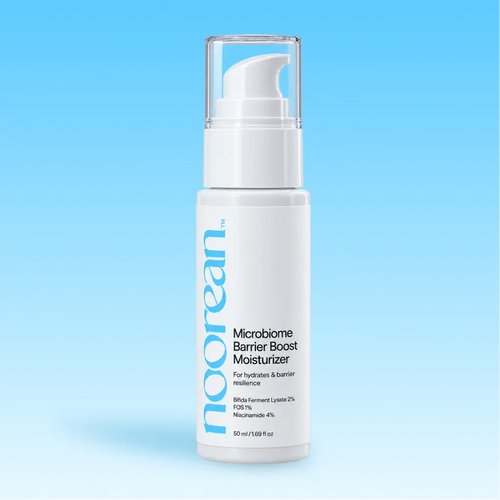Noorean microbiome barrier boost moisturizer bottle on gradient background