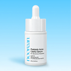 A white dropper bottle of Noorean Prebiotic Acne Clarity Serum against a light blue gradient background.