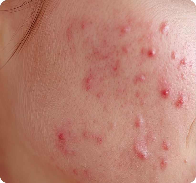 Close-up of human skin with multiple red acne bumps and pustules on the cheek.
